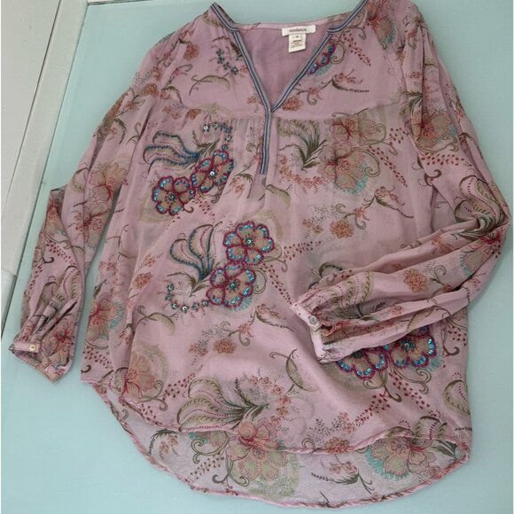 Sundance Tops - Sundance Blouse Top Women's Small S Pink Floral Beaded Sequined 100% Silk Boho